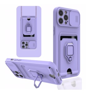Uyumlu Model Apple iPhone 12 Pro Kılıf Kartlıklı Magnetli Lens Kapatmalı (Lila)