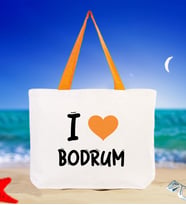 BK Gift I Love Bodrum Renkli Kulp Kanvas Plaj Çantası 48x40m, Baskılı Omuz Çantası, Alışveriş Çantası (Turuncu)