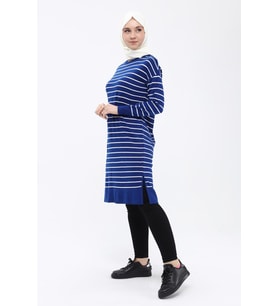 Kadın Çizgili Uzun Triko Tesettür Tunik 4355 (Saks)