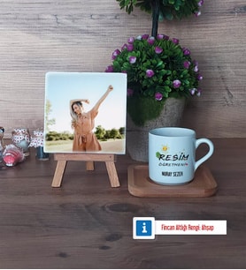 Resim Öğretmeni Fotoğraflı Dekoratif Taş, Ahşap Altlıklı Türk Kahvesi Fincanı Hediye (Model 1)
