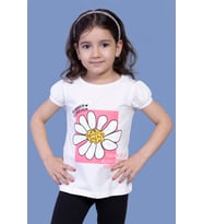 Toontoy Kız Çocuk Papatya Baskılı Taş İşlemeli Tişört (Ekru)