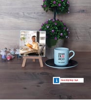 Amcaya Hediye Fotoğraflı Dekoratif Taş, Ahşap Altlıklı Türk Kahvesi Fincanı Hediye (Model 7)
