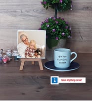 Babaanneye Hediye Fotoğraflı Dekoratif Taş, Ahşap Altlıklı Türk Kahvesi Fincanı Hediye (Model 4)