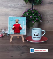 Uykucu Panda Fotoğraflı Dekoratif Taş, Ahşap Altlıklı Türk Kahvesi Fincanı Hediye (Model 8)