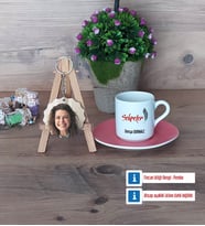 Sekretere Hediye Türk Kahvesi Fincanı Ahşap Altlıklı ve Fotoğraflı Ahşap Anahtarlık Hediye (Model 6)