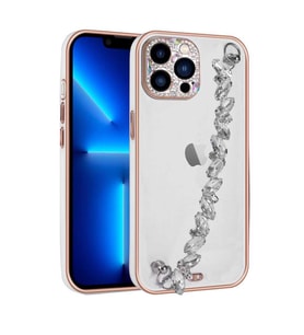 iPhone 13 Pro Max Kılıf Taş Süslemeli El Tutamaçlı Blazer Kılıf (Beyaz)