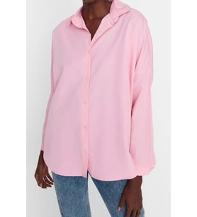 Moda Kadın Gömlek Yaka Düz Desen Günlük Pamuklu Oversize Geniş Kalıp Dokuma Gömlek (Pembe)