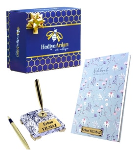Hediye Kutulu Hediye Kutusunda Kişiye Özel Beyaz Mermer Tasarımlı İmza Kalemi ve Defter (Model 2)