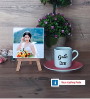 Gelin Fotoğraflı Dekoratif Taş, Ahşap Altlıklı Türk Kahvesi Fincanı Hediye (Model 6)