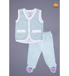 Babyhola Kadife Yelek Patikli Pantolon Unisex Bebek 2'li Set Yeşil (Kahverengi)
