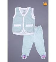 Babyhola Kadife Yelek Patikli Pantolon Unisex Bebek 2'li Set Yeşil (Kahverengi)