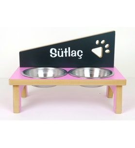 RealWood Ahşap Çelik Kâseli Özel İsim Baskılı Kedi-Köpek Mama Ve Su Kabı (Siyah-A.Pembe)