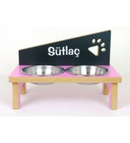 RealWood Ahşap Çelik Kâseli Özel İsim Baskılı Kedi-Köpek Mama Ve Su Kabı (Siyah-A.Pembe)