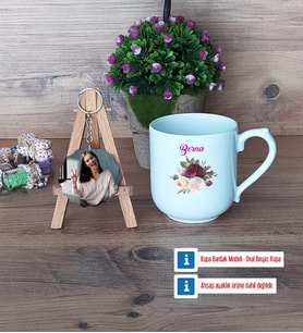 İsme Özel Doğum Günü Hediyesi Kupa Bardak Beyaz ve Fotoğraflı Ahşap Anahtarlık Hediye (Model 5)