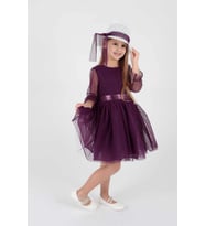 Kız Çocuk Şapkalı Ve Tül Dantel Trend Abiye Elbise Ak2228 (Mor)