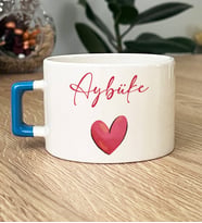 Kalp ve İsim Yazılı Hediye Lüks Fincan Sevgiliye Sevgililer Günü Hediyesi (Mavi)