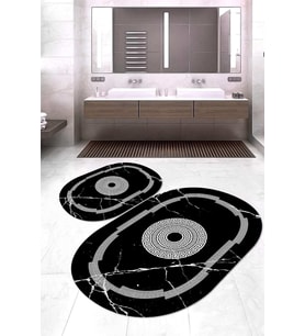 Dijital Baskılı Kaymaz Taban Yıkanabilir Oval 2'li Klozet Takımı Banyo Paspası NOKZ-SD-593 (Siyah)