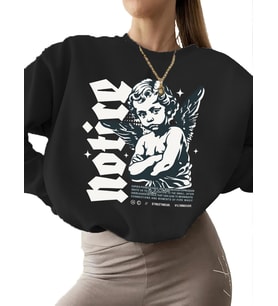 Aşk tanrısı duyurusu Baskılı kadın kalın Bej erkek unisex 3 iplik şardonlu bisiklet yaka Sweatshirt (Siyah)