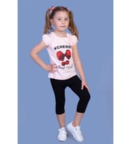 Toontoy Kız Çocuk Vişne Baskılı Taytlı Takım (Pudra)