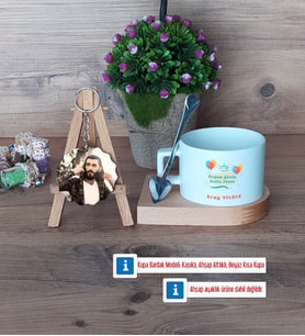 Doğum Günü Hediyesi Kupa Bardak Beyaz ve Fotoğraflı Ahşap Anahtarlık Hediye (Model 8)