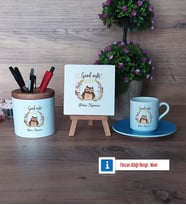 Baykuş Hediye Seti Dekoratif Taş, Kalemlik, Ahşap Altlıklı Türk Kahvesi Fincanı Hediye (Model 5)