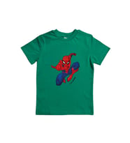Spiderman baskılı örümcek adam pamuklu penye kumaş yazlık çocuk tişört (Yeşil)