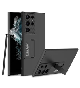 Samsung Galaxy S22 Ultra Uyumlu Standlı Mat Full Koruyucu Kapak Matte Full Protective Cover Kırmızı (Siyah)