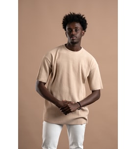 Oversize (Bol Kesim) Kalın Fitilli Bisiklet Yaka Kısa Kol T-shirt (Kahverengi)