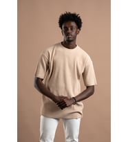Oversize (Bol Kesim) Kalın Fitilli Bisiklet Yaka Kısa Kol T-shirt (Kahverengi)