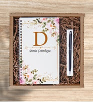Kendin Tasarla & Ahşap Kapaklı Desenli Defter , Touchpen Metal Tükenmez Kalem (Model 1)