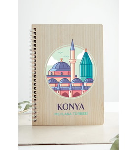 Konya Mevlana Türbesi Şehir Tasarım Ahşap Kapaklı Defter Özel Kraft Kâğıt (Akçaağaç Rengi )