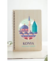 Konya Mevlana Türbesi Şehir Tasarım Ahşap Kapaklı Defter Özel Kraft Kâğıt (Akçaağaç Rengi )