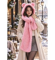 Kapşonlu Welsoft Peluş Bere - Atkılı - Polar Boyunluk Şalı Sıcaklık ve Şıklığın Buluşması (Pembe)