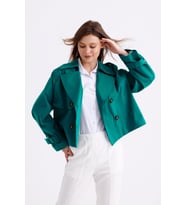 %100 Pamuk Gabardin Astarlı Oversize Geniş Kalıp Kadın Crop Kısa Trençkot 1122 (Zümrüt Yeşili)
