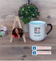 Halaya Hediye Kupa Bardak Beyaz ve Fotoğraflı Ahşap Anahtarlık Hediye (Model 10)