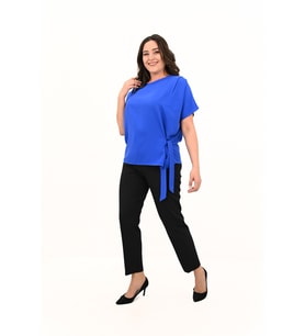 Kadın Büyük Beden Yan Bağlama Detaylı Bluz 1860-25 (SAKS MAVI)