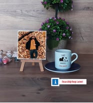 Sevimli Panda Fotoğraflı Dekoratif Taş, Ahşap Altlıklı Türk Kahvesi Fincanı Hediye (Model 4)
