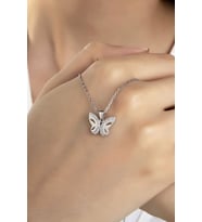 Kadın Orjinal 925 Ayar Gümüş Zirkon Taşlı Kelebek Model Kolye (Gümüş)