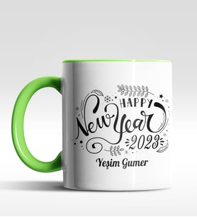 Kişiye Özel Happy New Year 2022 Tasarımlı Siyah Kupa (Yeşil)