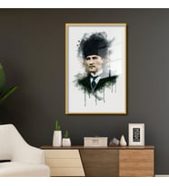 Metal Çerçeveli Cam Tablo Kalpaklı Atatürk Portresi (Gold)