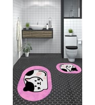 EVDEYA 3D Dijital Yıkanabilir Kedi Desen İkili Banyo Halısı Paspas Oval Klozet Takımı, OKLOZET-43-BEYAZ, (Pembe)