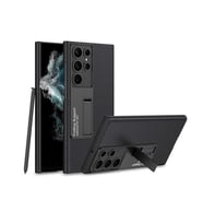 Samsung Galaxy S22 Ultra Uyumlu Kılıf Karbon Fiber ve Suni Deri Görünümlü Standlı Kapak Siyah Karbon (Siyah)