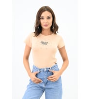 Kadın Taş İşlemeli Nakış Detaylı T-shirt 1774-25 (Bej)