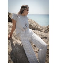 Keten Çizgili Bol Paça Pantalon (Beyaz-Mavi)