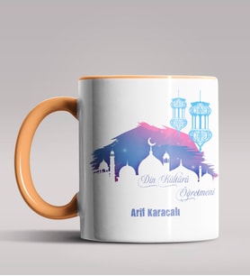 Kişiye Özel Din Kültürü Öğretmeni Tasarımlı Siyah Renk Kupa  (Turuncu)