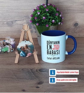 Babalar Günü Hediyesi Kupa Bardak Beyaz ve Fotoğraflı Ahşap Anahtarlık Hediye (Model 3)