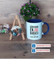 Babalar Günü Hediyesi Kupa Bardak Beyaz ve Fotoğraflı Ahşap Anahtarlık Hediye (Model 3)