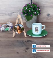 Tatlı Penguen Türk Kahvesi Fincanı Ahşap Altlıklı ve Fotoğraflı Ahşap Anahtarlık Hediye (Model 9)