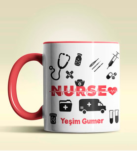 Kişiye Özel Nurse (Hemşire) 2 Tasarımlı Turuncu Kupa Bardak (Kırmızı)