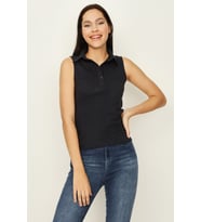 Kadın Polo Yaka Kolsuz Örme Body (Lacivert)